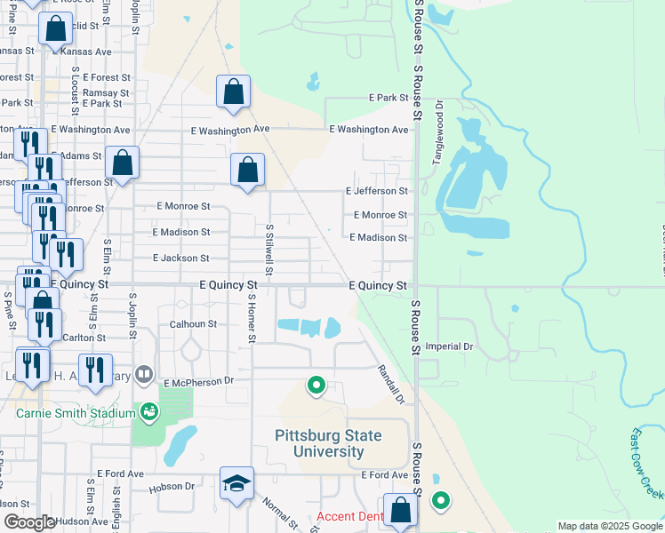 map of restaurants, bars, coffee shops, grocery stores, and more near 909 East Quincy Street in Pittsburg