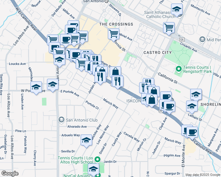map of restaurants, bars, coffee shops, grocery stores, and more near 330 Distel Drive in Los Altos
