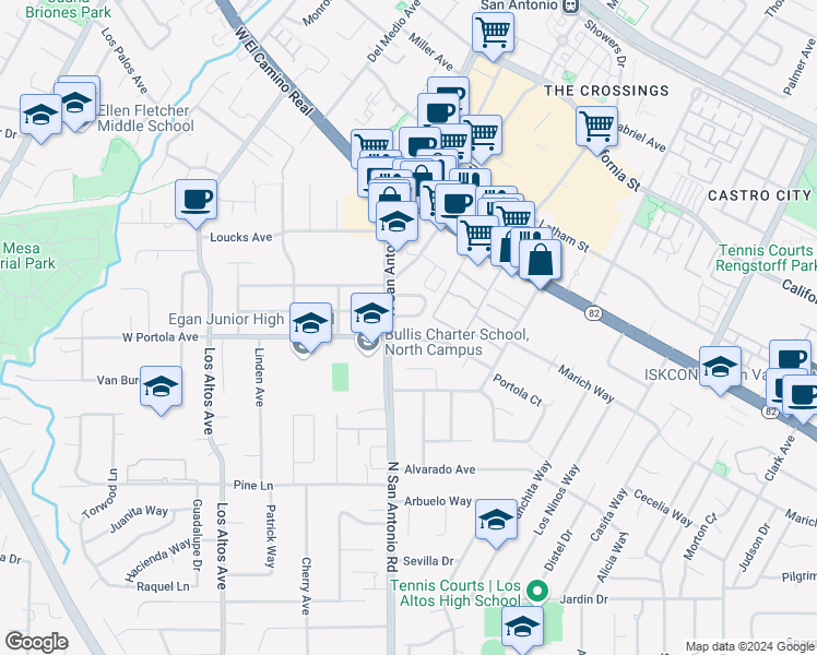 map of restaurants, bars, coffee shops, grocery stores, and more near 26 Chester Circle in Los Altos