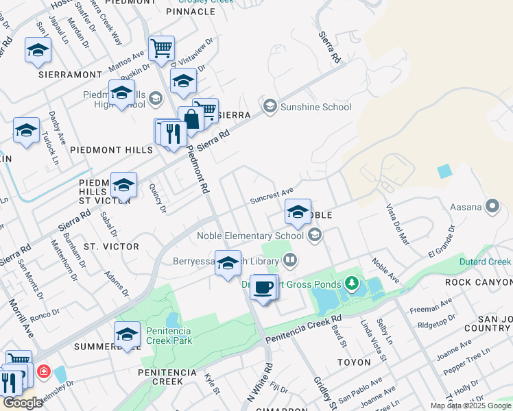 map of restaurants, bars, coffee shops, grocery stores, and more near 3364 Suncrest Avenue in San Jose