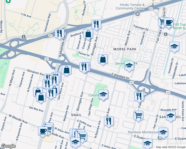 map of restaurants, bars, coffee shops, grocery stores, and more near 874 Borregas Avenue in Sunnyvale