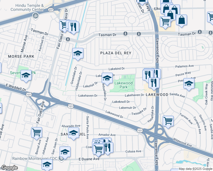 map of restaurants, bars, coffee shops, grocery stores, and more near 750 Lakechime Drive in Sunnyvale
