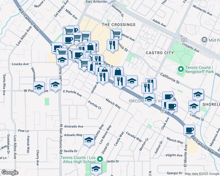 map of restaurants, bars, coffee shops, grocery stores, and more near 281 Marich Way in Los Altos