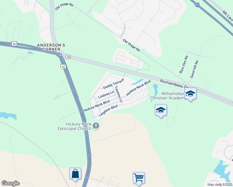 map of restaurants, bars, coffee shops, grocery stores, and more near 8411 Taverns Lane in Toano