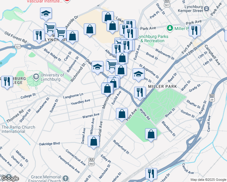 map of restaurants, bars, coffee shops, grocery stores, and more near 719 Euclid Avenue in Lynchburg