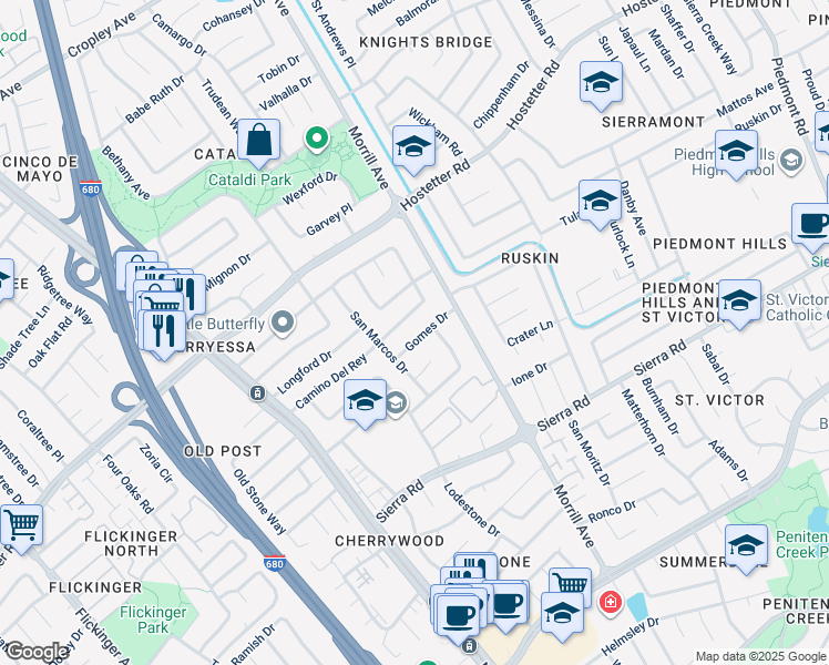 map of restaurants, bars, coffee shops, grocery stores, and more near 2617 Gomes Drive in San Jose