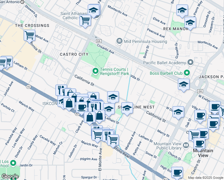 map of restaurants, bars, coffee shops, grocery stores, and more near in Mountain View