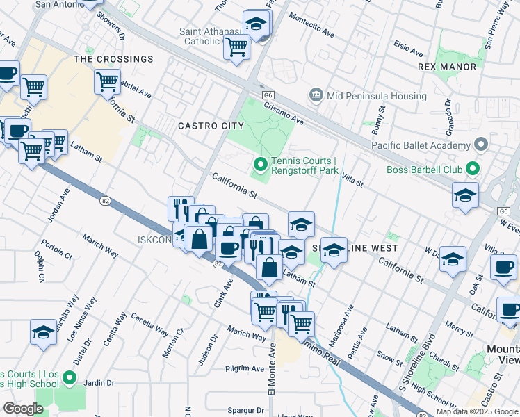 map of restaurants, bars, coffee shops, grocery stores, and more near 1943 Mount Vernon Court in Mountain View