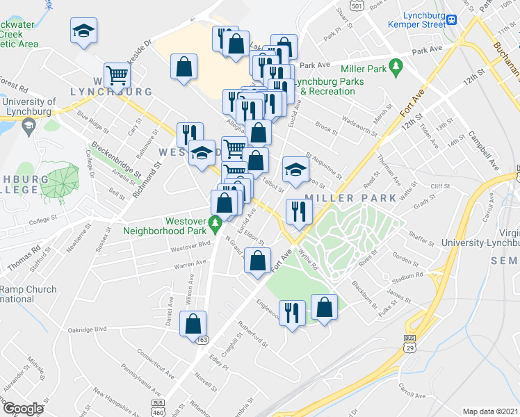 map of restaurants, bars, coffee shops, grocery stores, and more near 710 Mansfield Avenue in Lynchburg
