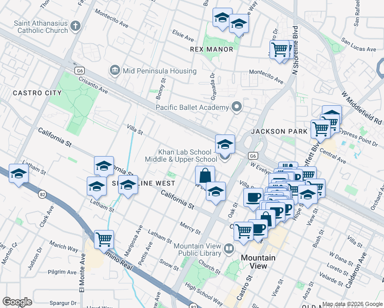 map of restaurants, bars, coffee shops, grocery stores, and more near 1600 Villa Street in Mountain View
