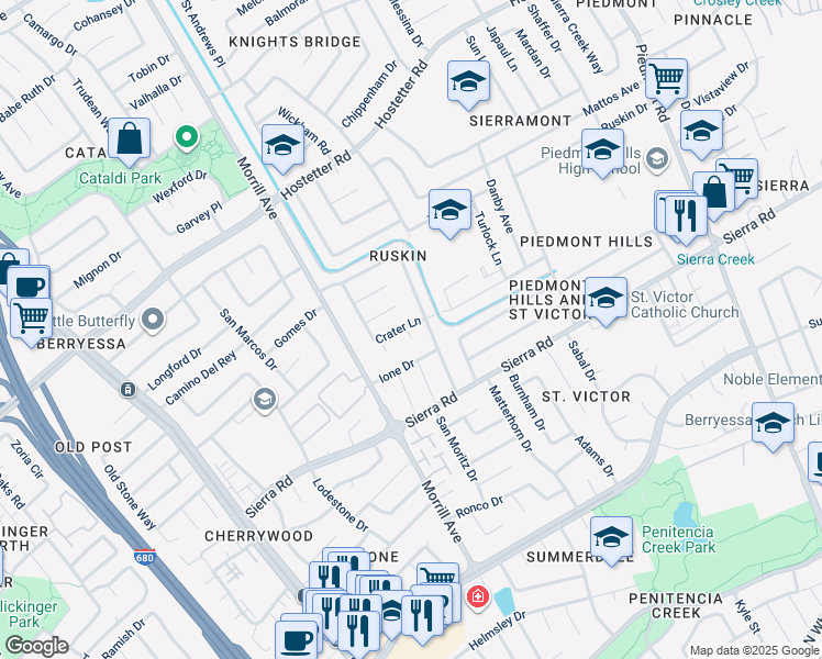 map of restaurants, bars, coffee shops, grocery stores, and more near 2966 Crater Lane in San Jose