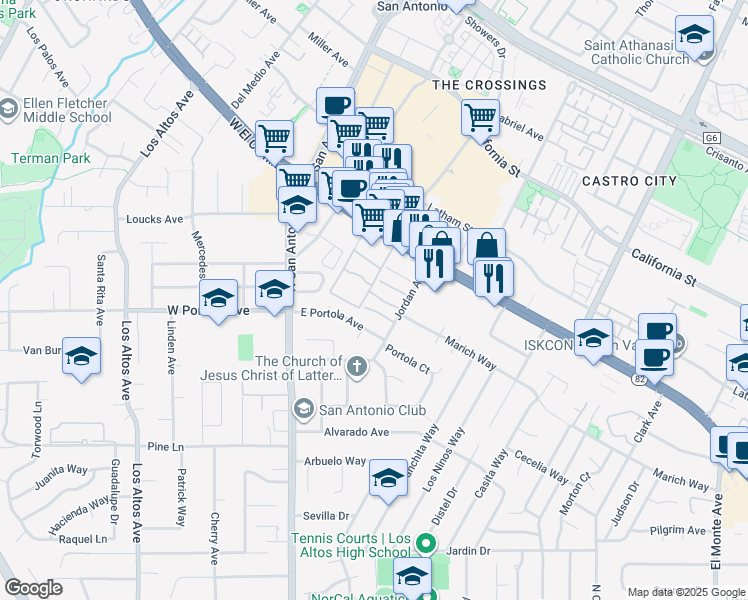 map of restaurants, bars, coffee shops, grocery stores, and more near 2 Los Altos Square in Los Altos