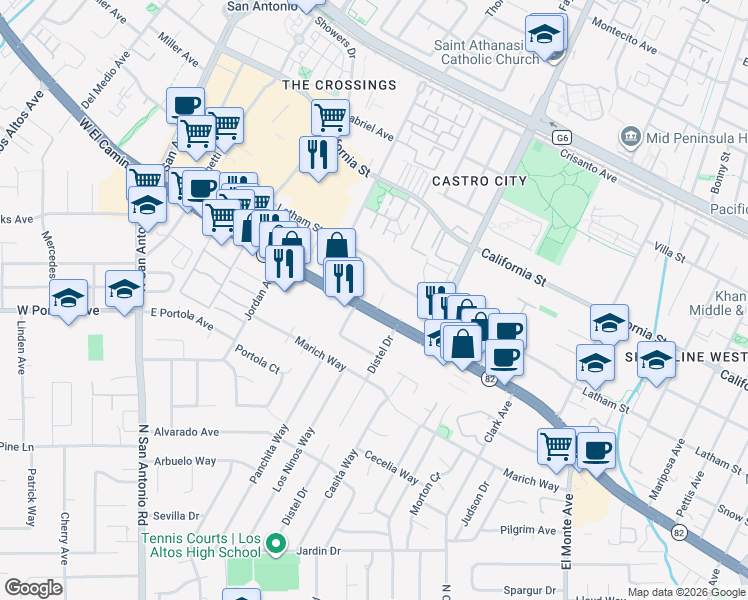 map of restaurants, bars, coffee shops, grocery stores, and more near 2270 El Camino Real in Mountain View