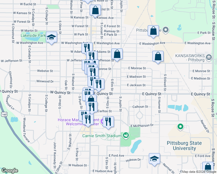 map of restaurants, bars, coffee shops, grocery stores, and more near 113 East Quincy Street in Pittsburg
