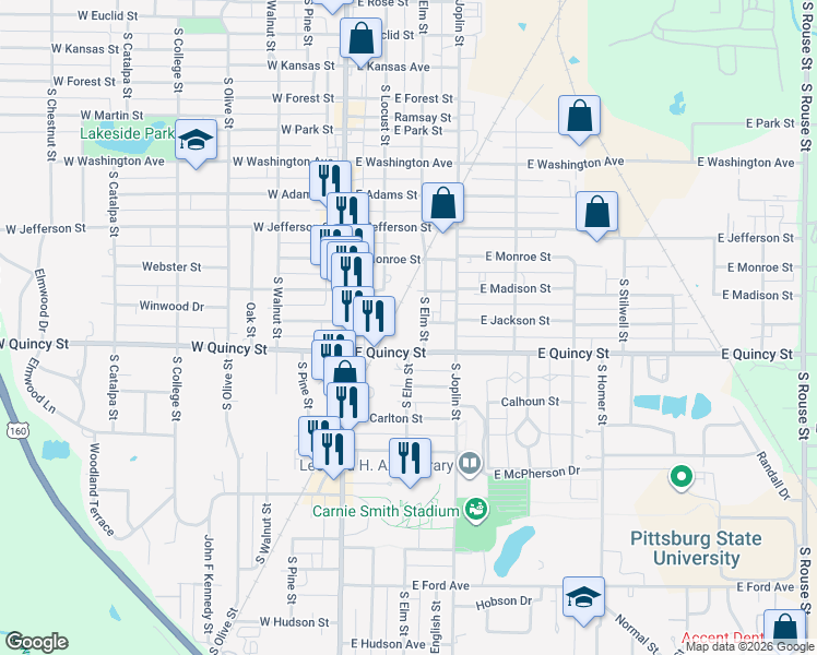 map of restaurants, bars, coffee shops, grocery stores, and more near 113 East Quincy Street in Pittsburg
