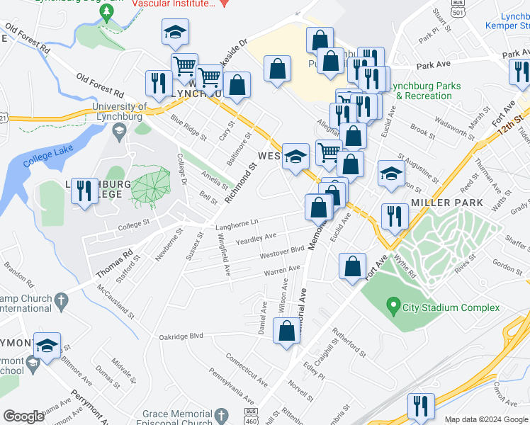 map of restaurants, bars, coffee shops, grocery stores, and more near 220 Langhorne Lane in Lynchburg
