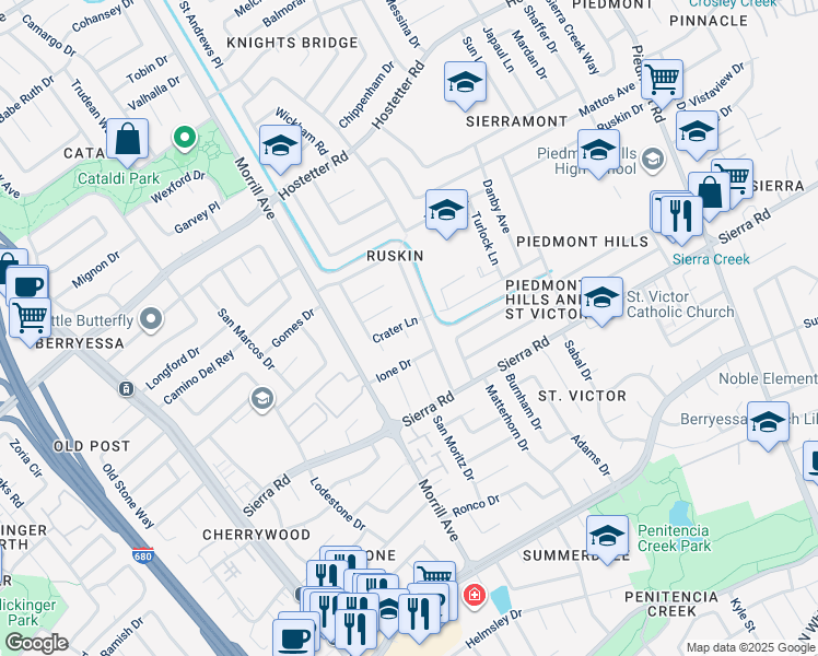 map of restaurants, bars, coffee shops, grocery stores, and more near 2966 Crater Lane in San Jose