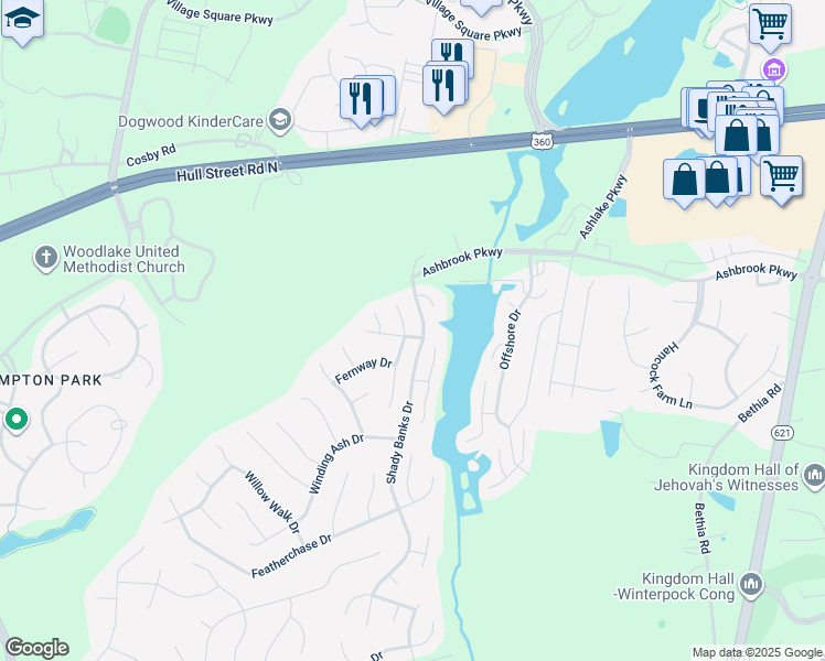 map of restaurants, bars, coffee shops, grocery stores, and more near 15000 Ground Fern Drive in Chesterfield