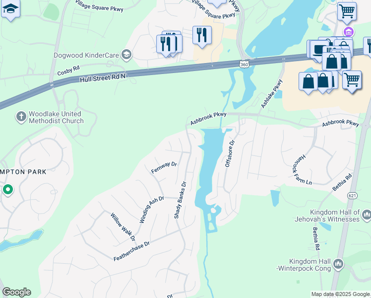 map of restaurants, bars, coffee shops, grocery stores, and more near 15000 Ground Fern Drive in Chesterfield