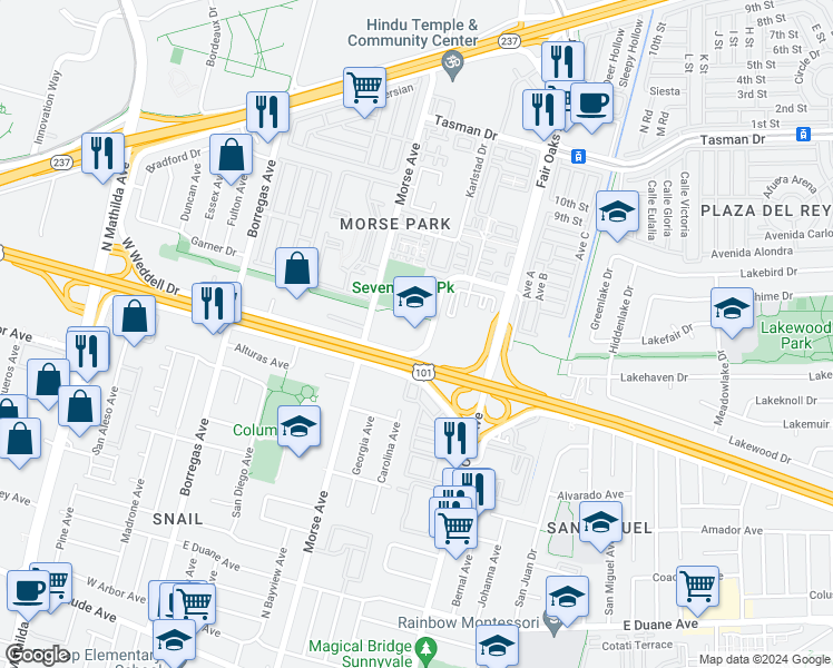 map of restaurants, bars, coffee shops, grocery stores, and more near 539 East Weddell Drive in Sunnyvale