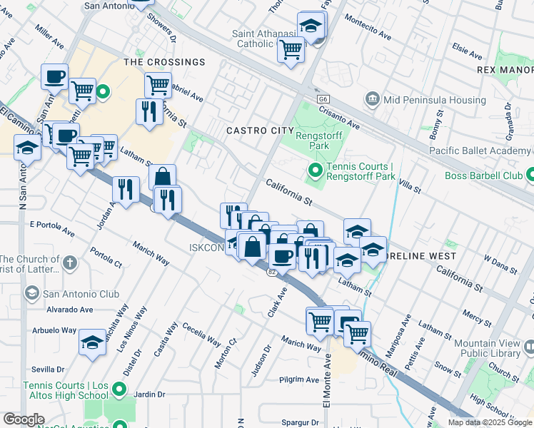 map of restaurants, bars, coffee shops, grocery stores, and more near 575 South Rengstorff Avenue in Mountain View