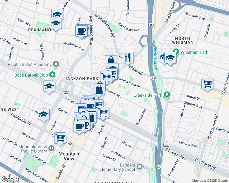 map of restaurants, bars, coffee shops, grocery stores, and more near 505 Cypress Point Drive in Mountain View