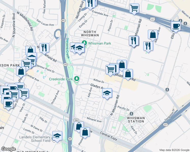 map of restaurants, bars, coffee shops, grocery stores, and more near 100 East Middlefield Road in Mountain View