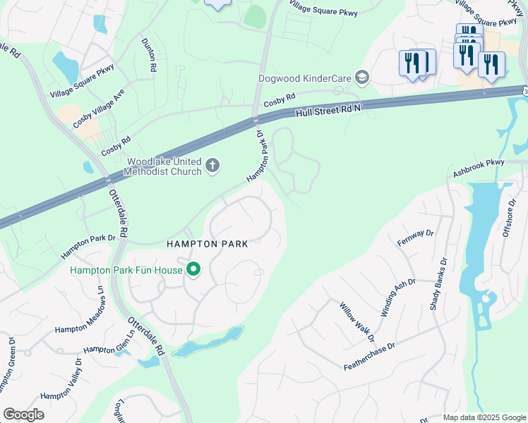 map of restaurants, bars, coffee shops, grocery stores, and more near 8201 Hampton Crest Circle in Chesterfield