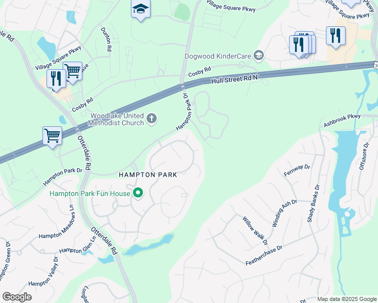 map of restaurants, bars, coffee shops, grocery stores, and more near 8201 Hampton Crest Circle in Chesterfield