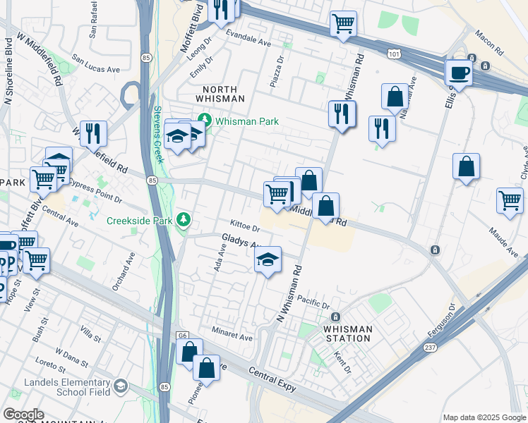 map of restaurants, bars, coffee shops, grocery stores, and more near 186 East Middlefield Road in Mountain View