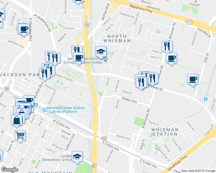 map of restaurants, bars, coffee shops, grocery stores, and more near 280 Easy Street in Mountain View
