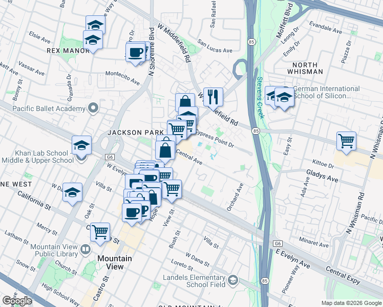 map of restaurants, bars, coffee shops, grocery stores, and more near 505 Cypress Point Drive in Mountain View