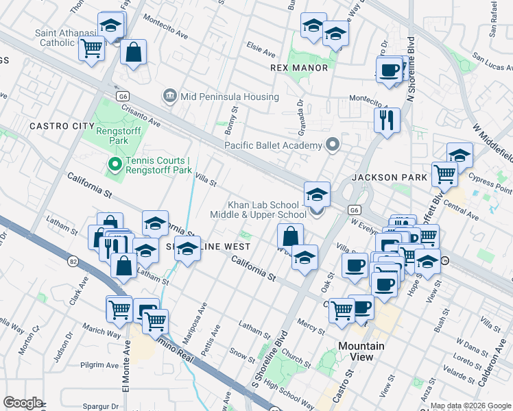 map of restaurants, bars, coffee shops, grocery stores, and more near 1630 Villa Street in Mountain View