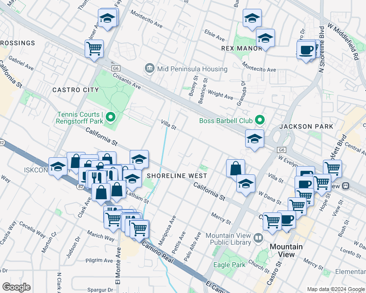 map of restaurants, bars, coffee shops, grocery stores, and more near 218 Higdon Avenue in Mountain View
