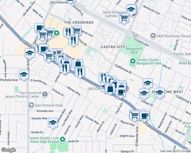 map of restaurants, bars, coffee shops, grocery stores, and more near 82 Latham Street in Mountain View