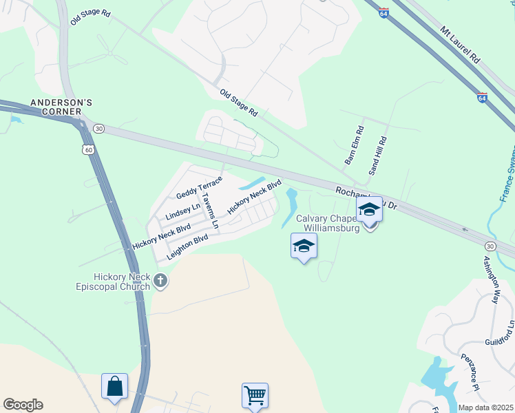 map of restaurants, bars, coffee shops, grocery stores, and more near 8437 Gayle Lane in Toano
