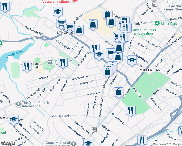 map of restaurants, bars, coffee shops, grocery stores, and more near 216 McWane Circle in Lynchburg