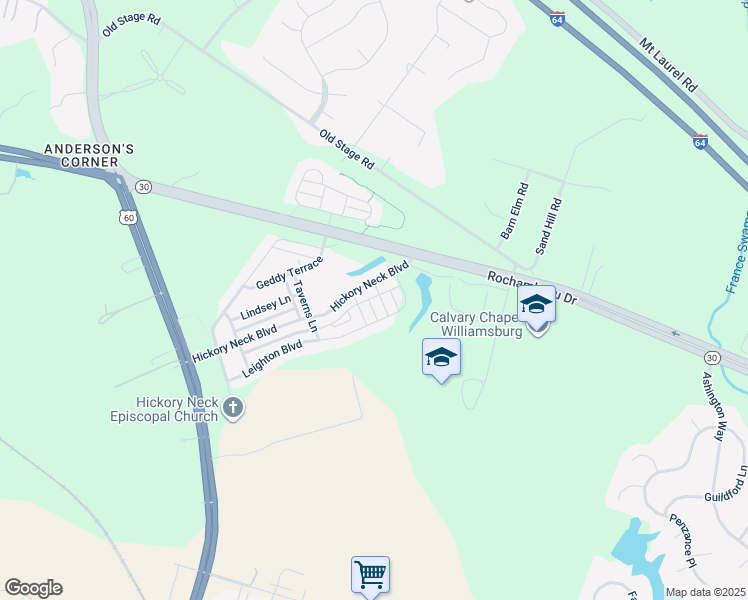 map of restaurants, bars, coffee shops, grocery stores, and more near 8437 Gayle Lane in Toano
