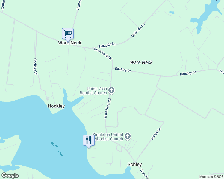 map of restaurants, bars, coffee shops, grocery stores, and more near 6165 Ware Neck Road in Gloucester