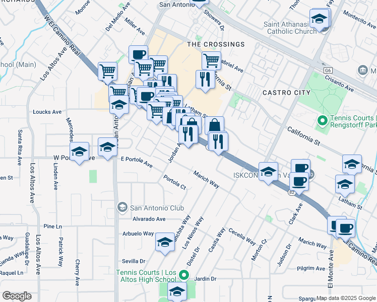 map of restaurants, bars, coffee shops, grocery stores, and more near 4916 California 82 in Mountain View