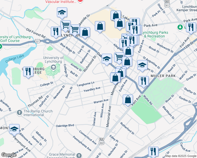 map of restaurants, bars, coffee shops, grocery stores, and more near 214 Langhorne Lane in Lynchburg