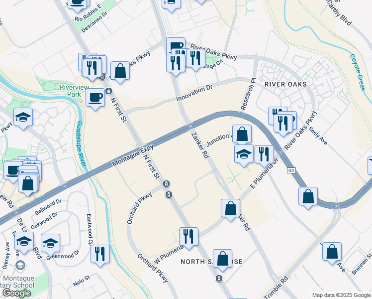 map of restaurants, bars, coffee shops, grocery stores, and more near 3061 Zanker Road in San Jose