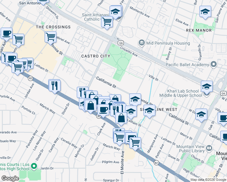 map of restaurants, bars, coffee shops, grocery stores, and more near 2005 California Street in Mountain View