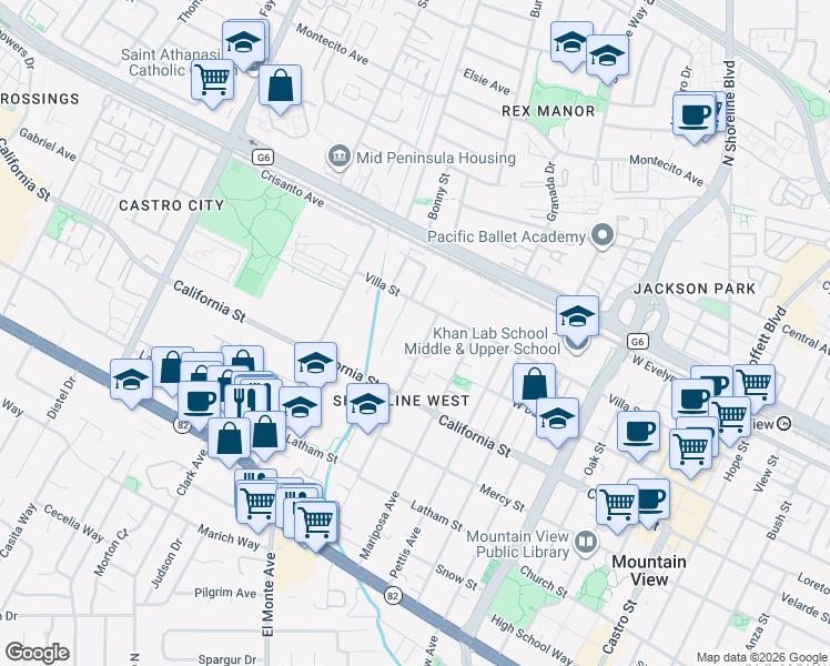 map of restaurants, bars, coffee shops, grocery stores, and more near 218 Higdon Avenue in Mountain View