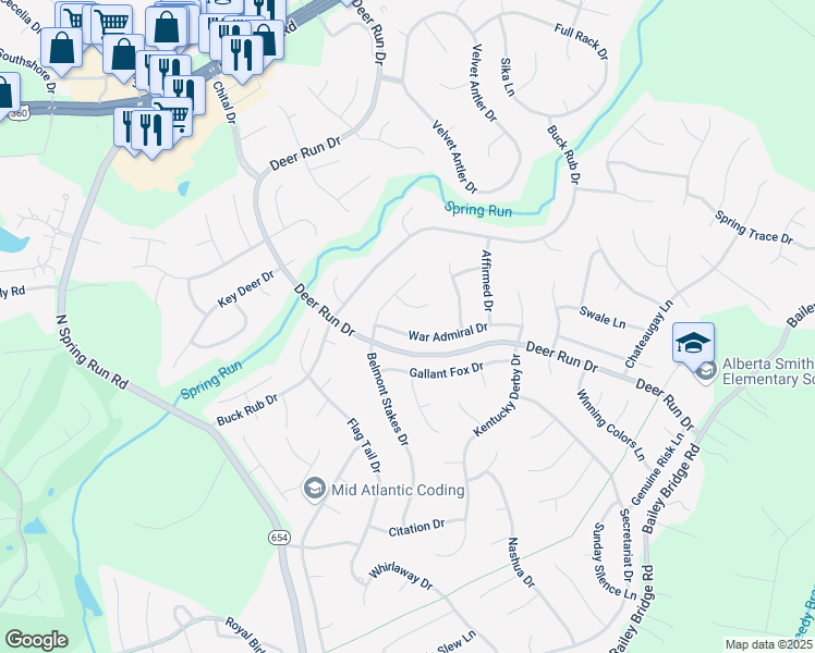 map of restaurants, bars, coffee shops, grocery stores, and more near 13912 War Admiral Drive in Midlothian
