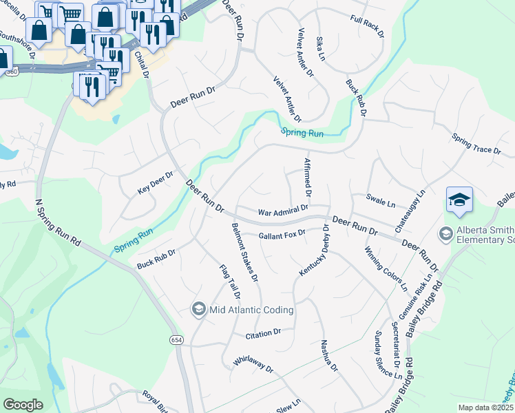 map of restaurants, bars, coffee shops, grocery stores, and more near 13912 War Admiral Drive in Midlothian
