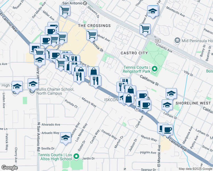 map of restaurants, bars, coffee shops, grocery stores, and more near 2270 El Camino Real in Mountain View