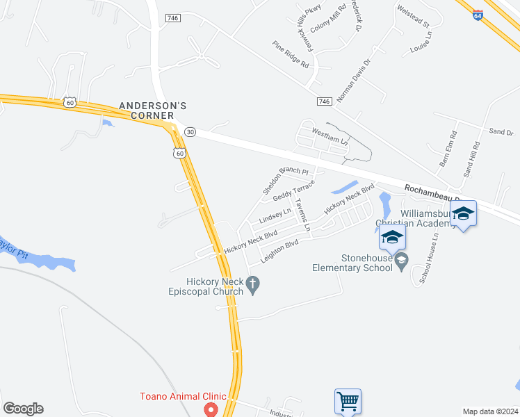 map of restaurants, bars, coffee shops, grocery stores, and more near 8432 Sheldon Branch Place in Toano