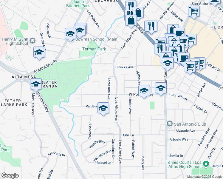 map of restaurants, bars, coffee shops, grocery stores, and more near 829 Santa Rita Avenue in Los Altos