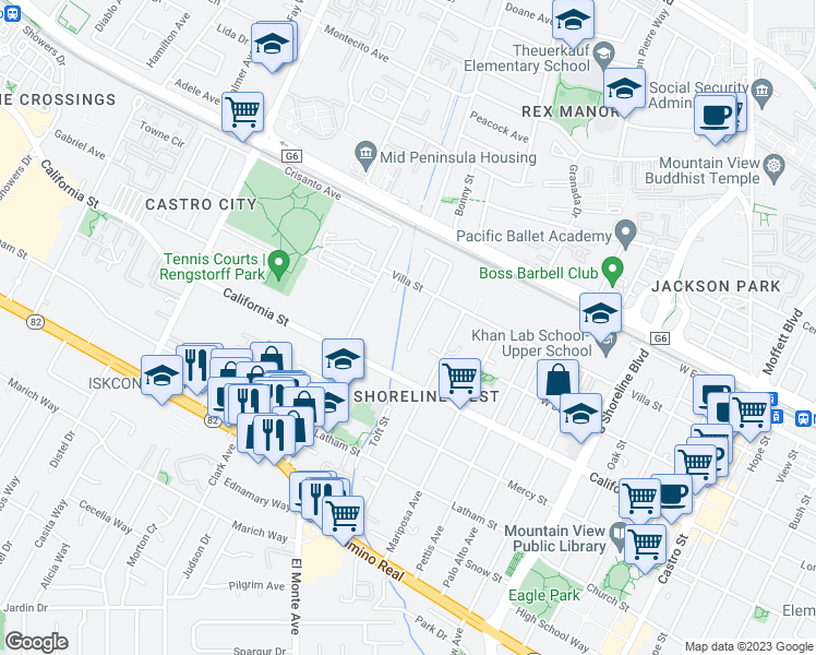 map of restaurants, bars, coffee shops, grocery stores, and more near 218 Higdon Avenue in Mountain View